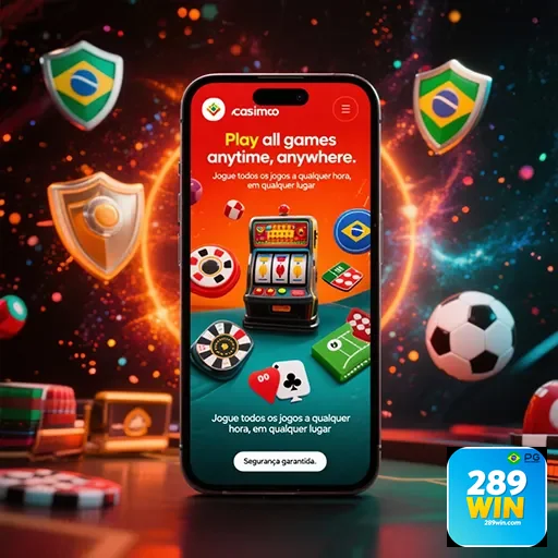 Tela de smartphone mostrando o app casino da 289win com promoções e bônus